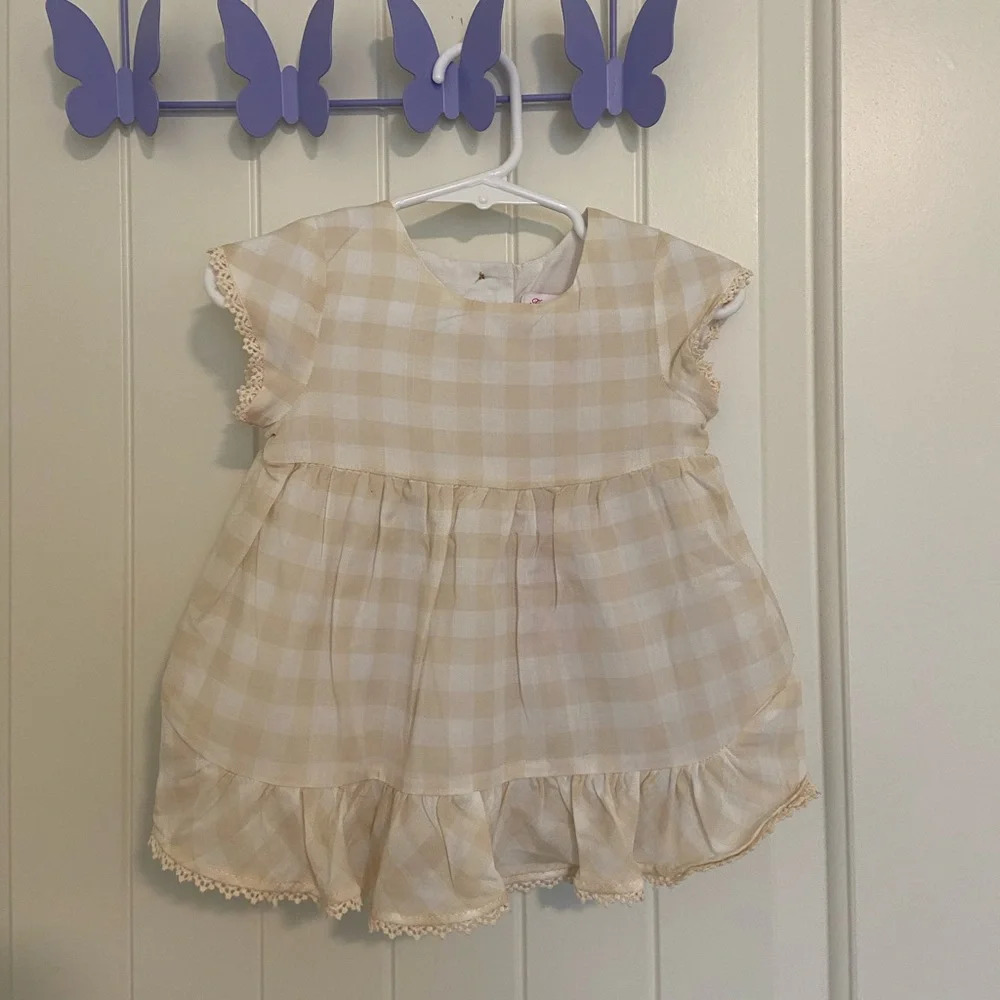 NWT | Tommy‎ Bahama baby girl’s tan white gingham dress — 12 months